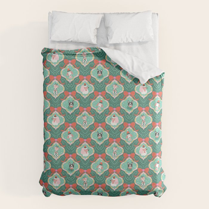 Christmas Dogs Festive Furry Holiday Ornaments Damask Dark Green  Duvet Cover Gallery Image 1