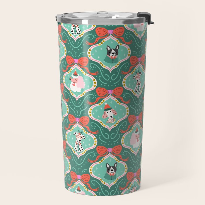 Christmas Dogs Festive Furry Holiday Ornaments Damask Dark Green  Travel Mug Gallery Image 2