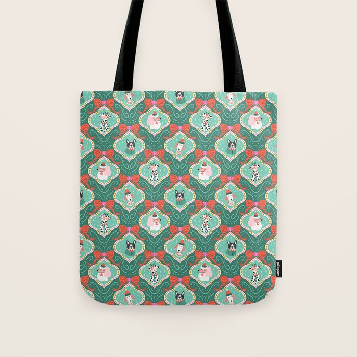 Christmas Dogs Festive Furry Holiday Ornaments Damask Dark Green  Tote Bag Gallery Image 1