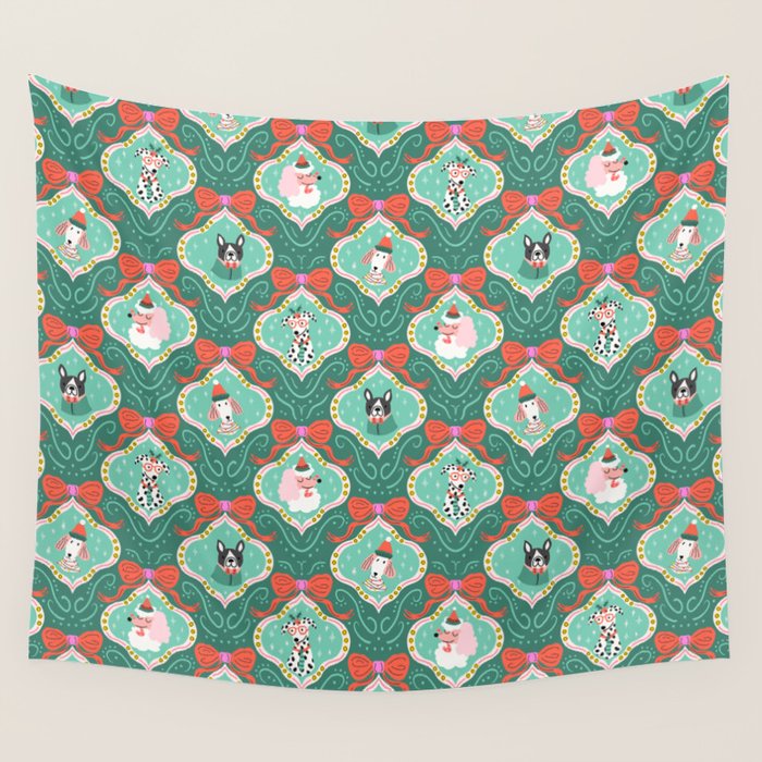 Christmas Dogs Festive Furry Holiday Ornaments Damask Dark Green  Wall Tapestry Gallery Image 1