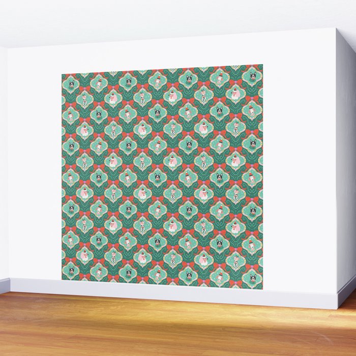 Christmas Dogs Festive Furry Holiday Ornaments Damask Dark Green  Wall Mural Gallery Image 2