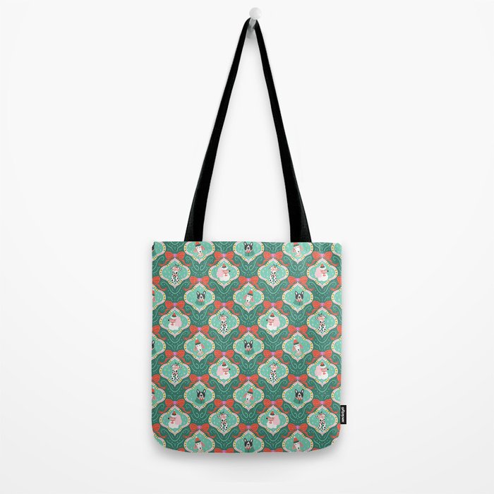 Christmas Dogs Festive Furry Holiday Ornaments Damask Dark Green  Tote Bag Gallery Image 2