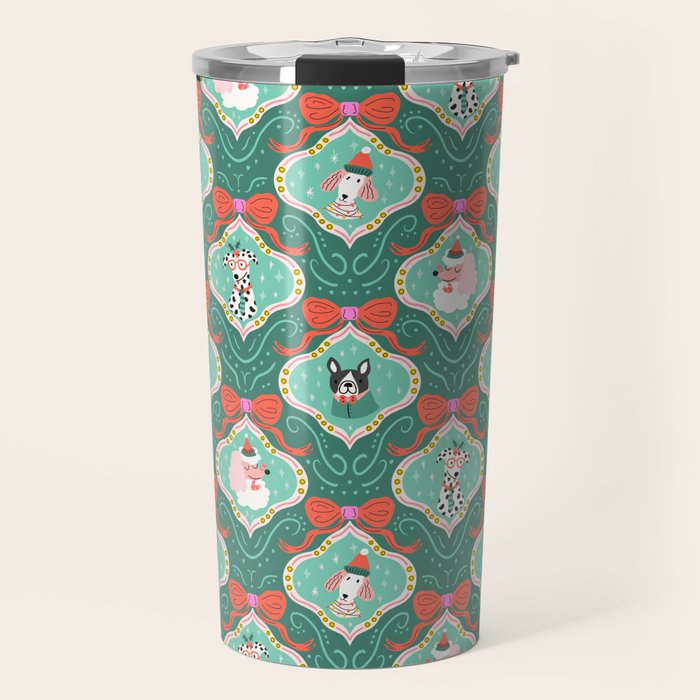 Christmas Dogs Festive Furry Holiday Ornaments Damask Dark Green  Travel Mug Gallery Image 1