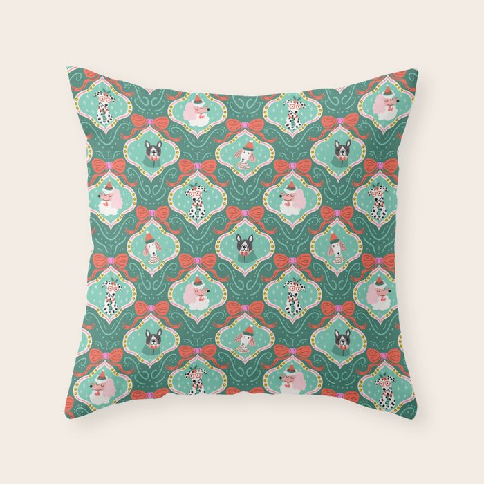 Christmas Dogs Festive Furry Holiday Ornaments Damask Dark Green  Throw Pillow Gallery Image 1