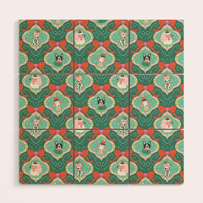Christmas Dogs Festive Furry Holiday Ornaments Damask Dark Green  Wood Wall Art Gallery Image 1