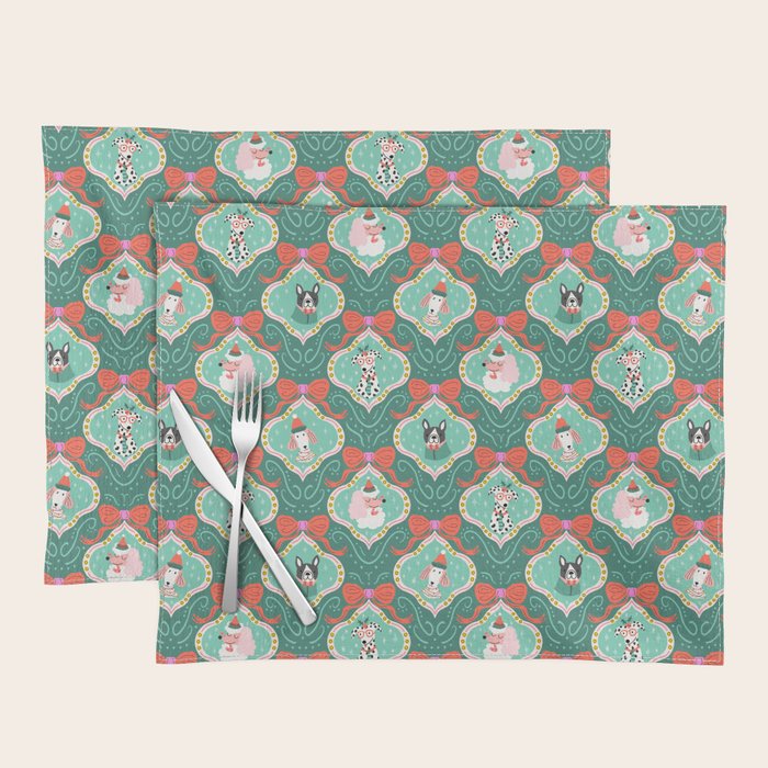 Christmas Dogs Festive Furry Holiday Ornaments Damask Dark Green  Placemat Gallery Image 1