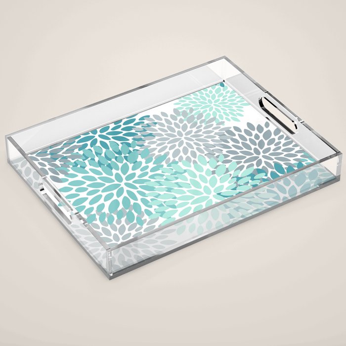 Floral Pattern, Aqua, Teal, Turquoise and Gray Acrylic Tray Gallery Image 1