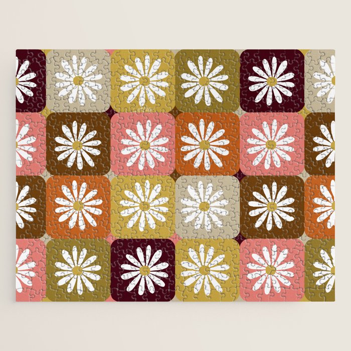 Checkered Daisies - 70s Citrus Jigsaw Puzzle Gallery Image 1