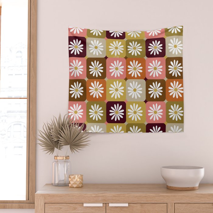 Checkered Daisies - 70s Citrus Wall Tapestry Gallery Image 2