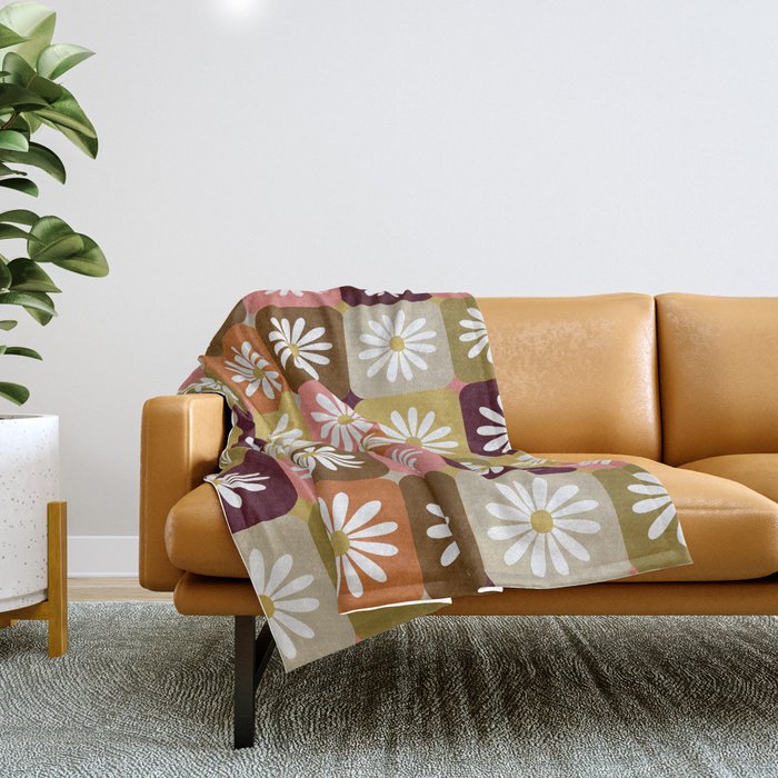 Checkered Daisies - 70s Citrus Throw Blanket Gallery Image 1