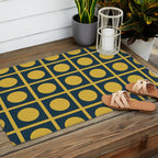Dot Grid Retro Modern Pop Pattern in Mustard and Navy Blue Outdoor Rug Gallery Image 2