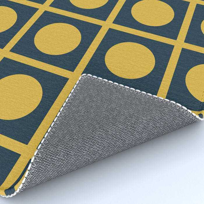 Dot Grid Retro Modern Pop Pattern in Mustard and Navy Blue Rug Gallery Image 4