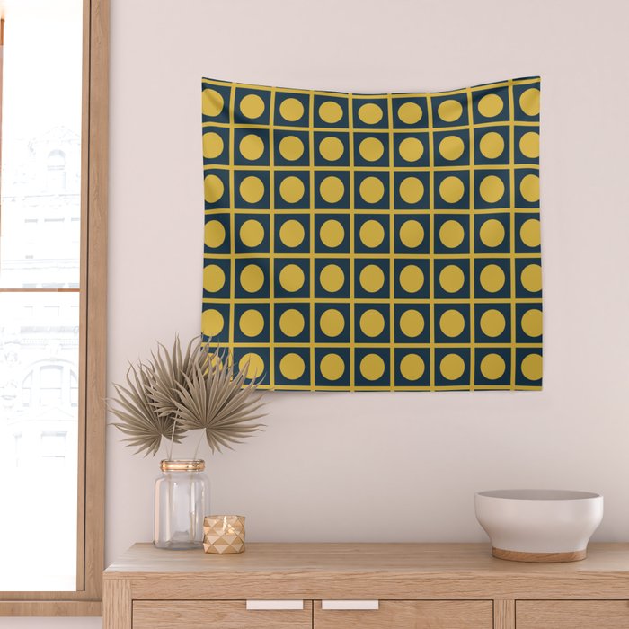 Dot Grid Retro Modern Pop Pattern in Mustard and Navy Blue Wall Tapestry Gallery Image 2