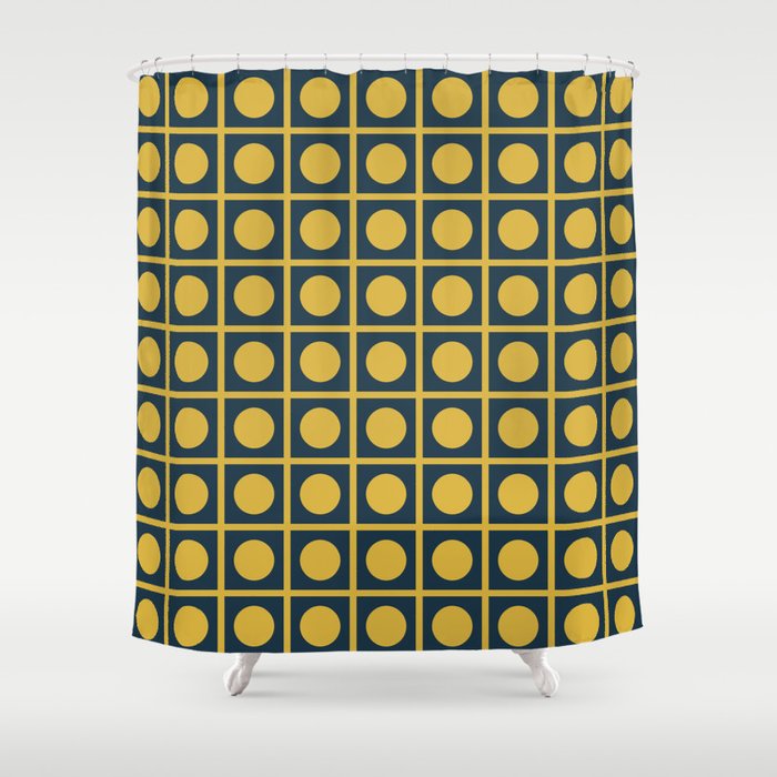 Dot Grid Retro Modern Pop Pattern in Mustard and Navy Blue Shower Curtain Gallery Image 1