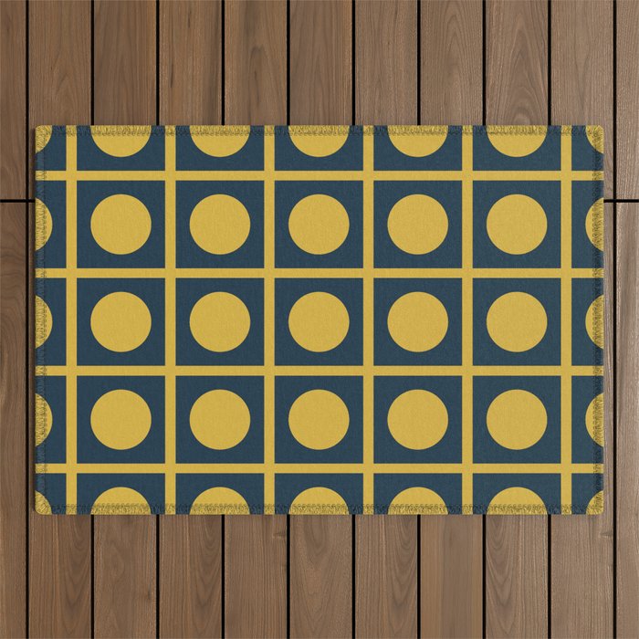 Dot Grid Retro Modern Pop Pattern in Mustard and Navy Blue Outdoor Rug Gallery Image 1
