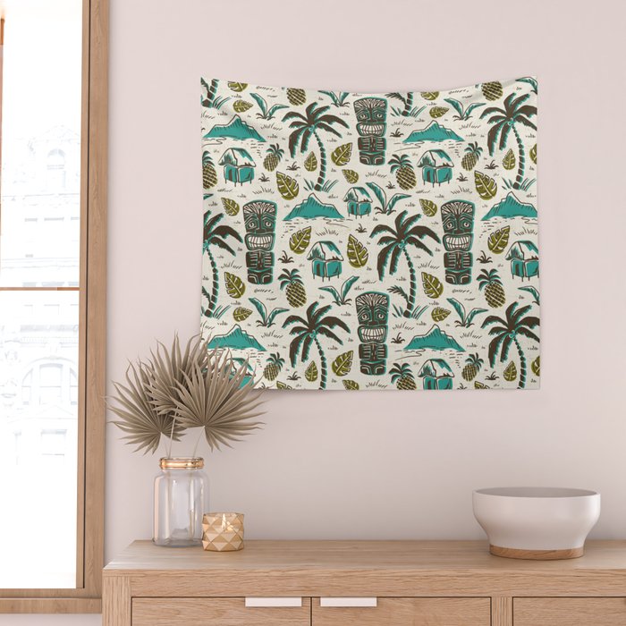 Tiki Party - Ivory Aqua Wall Tapestry Gallery Image 2