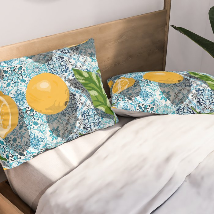 Juicy Lemons on Blue Moroccan Tiles Pillow Sham Gallery Image 2