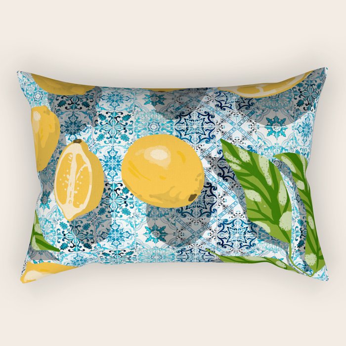 Juicy Lemons on Blue Moroccan Tiles Rectangular Pillow