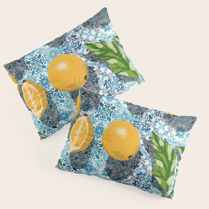 Juicy Lemons on Blue Moroccan Tiles Pillow Sham Gallery Image 3