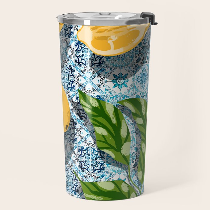 Juicy Lemons on Blue Moroccan Tiles Travel Mug Gallery Image 2