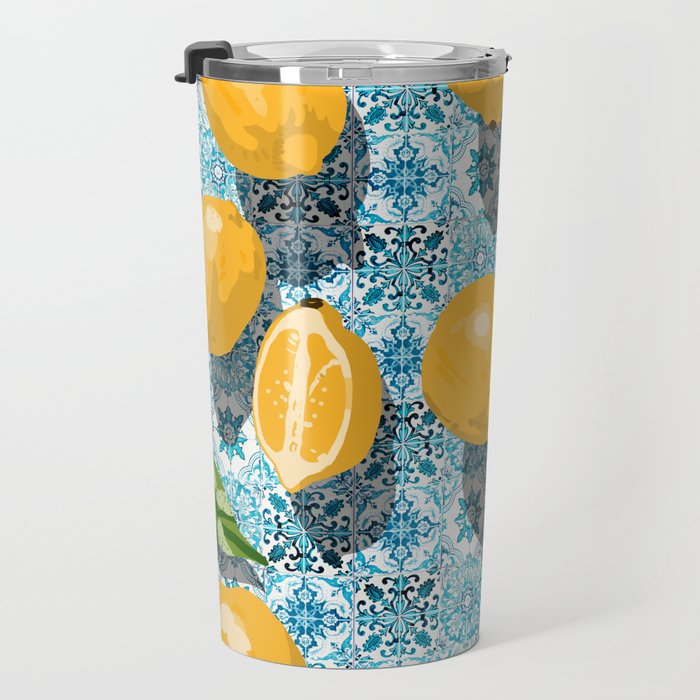 Juicy Lemons on Blue Moroccan Tiles Travel Mug Gallery Image 3