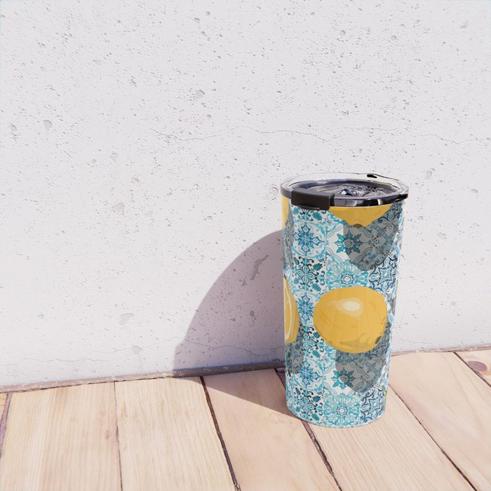 Juicy Lemons on Blue Moroccan Tiles Travel Mug Gallery Image 4