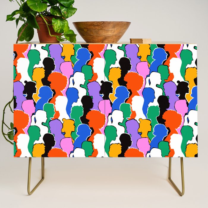 Colorful diverse people crowd art pattern Credenza Gallery Image 1