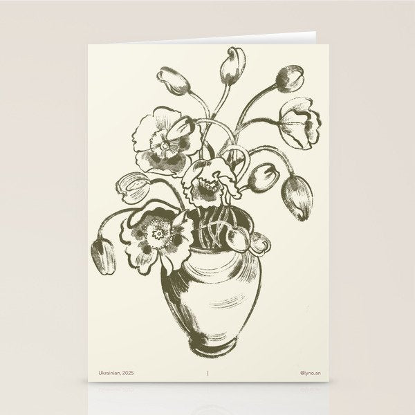  graphic monochrome bouquet of poppies flowers in a pot Stationery Card Gallery Image 2