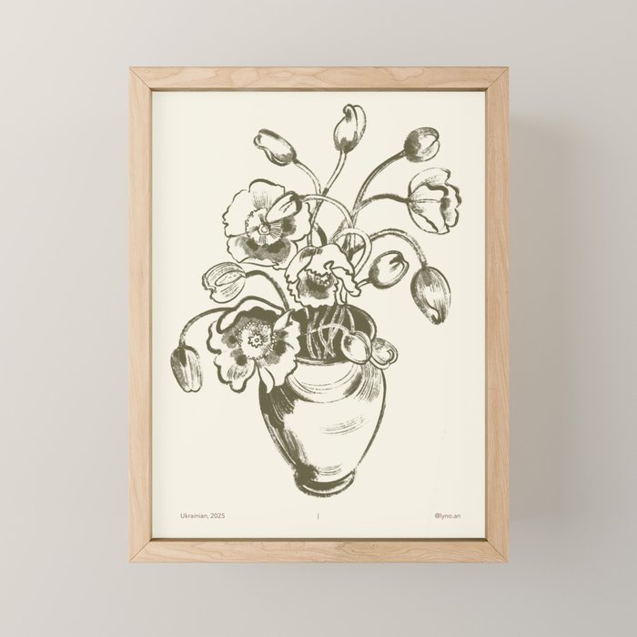  graphic monochrome bouquet of poppies flowers in a pot Mini Art Print Gallery Image 1