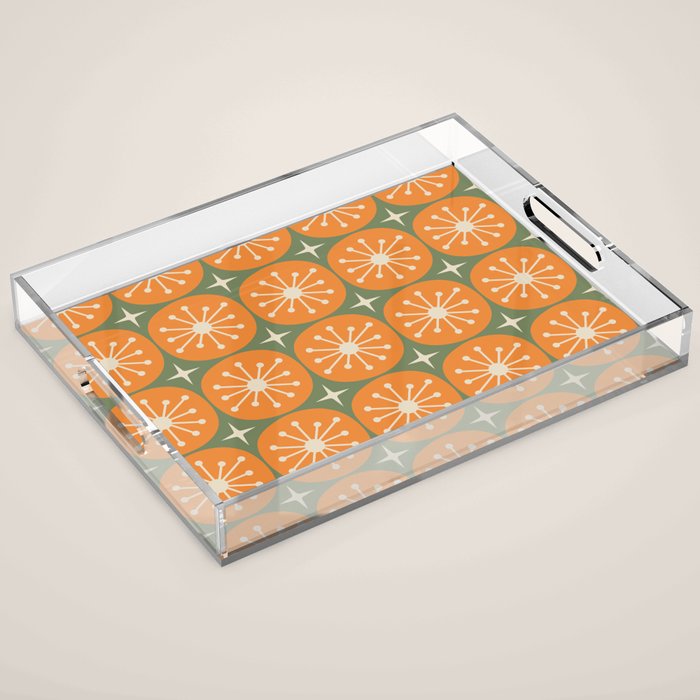 Mid Century Modern Atomic Dots and Stars Retro Pattern in Mossy Sage Olive Green Orange Beige Acrylic Tray Gallery Image 1