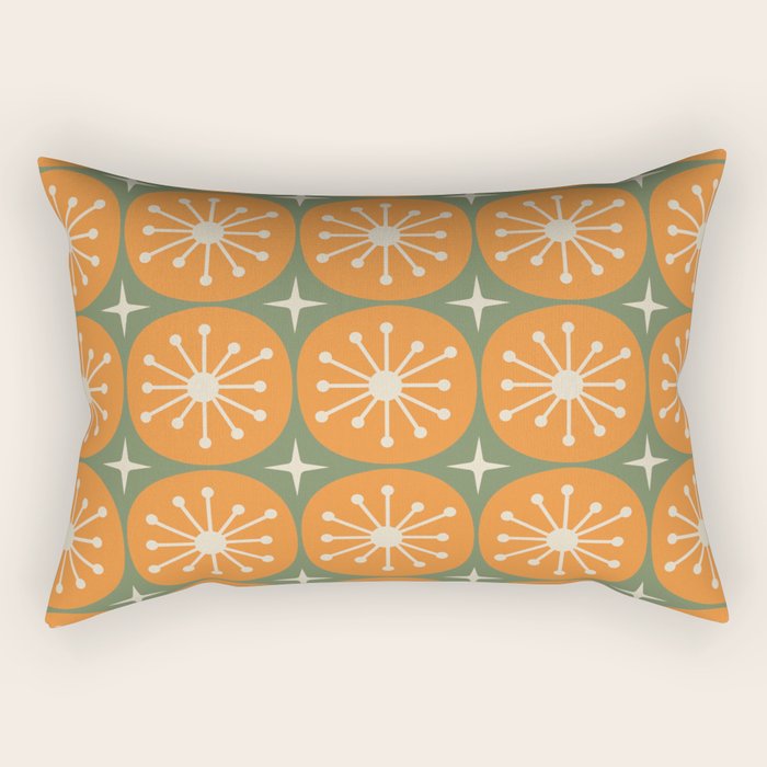 Mid Century Modern Atomic Dots and Stars Retro Pattern in Mossy Sage Olive Green Orange Beige Rectangular Pillow Gallery Image 2