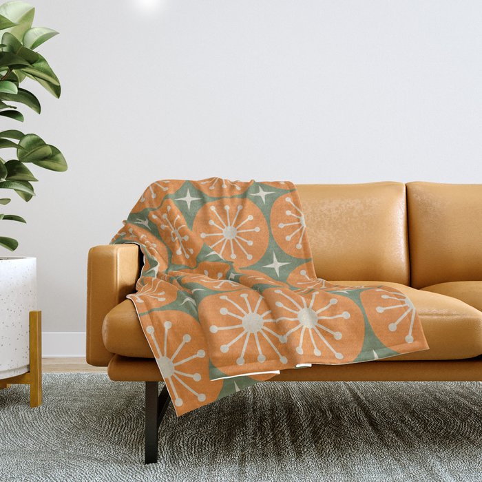 Mid Century Modern Atomic Dots and Stars Retro Pattern in Mossy Sage Olive Green Orange Beige Throw Blanket Gallery Image 1
