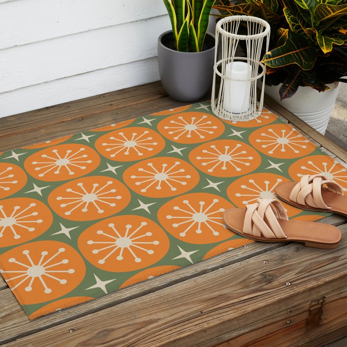 Mid Century Modern Atomic Dots and Stars Retro Pattern in Mossy Sage Olive Green Orange Beige Outdoor Rug Gallery Image 2