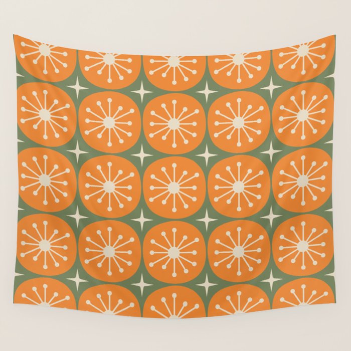 Mid Century Modern Atomic Dots and Stars Retro Pattern in Mossy Sage Olive Green Orange Beige Wall Tapestry Gallery Image 4