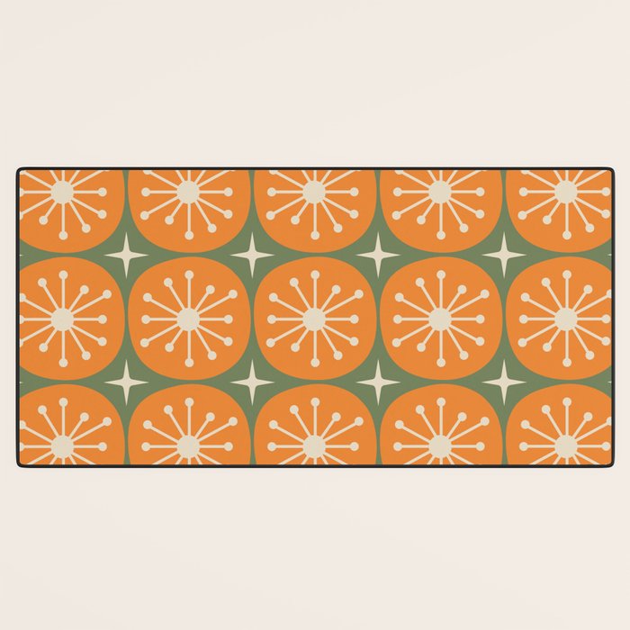 Mid Century Modern Atomic Dots and Stars Retro Pattern in Mossy Sage Olive Green Orange Beige Desk Mat Gallery Image 3