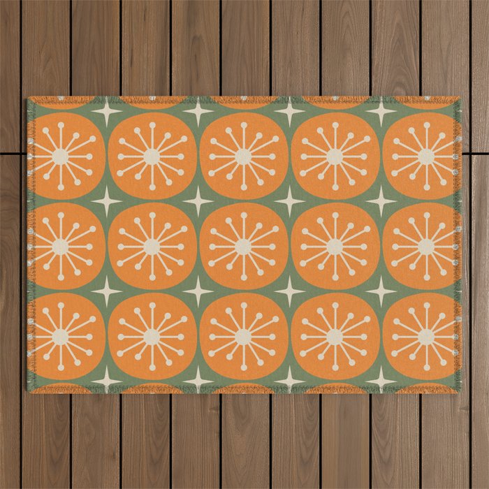 Mid Century Modern Atomic Dots and Stars Retro Pattern in Mossy Sage Olive Green Orange Beige Outdoor Rug Gallery Image 1