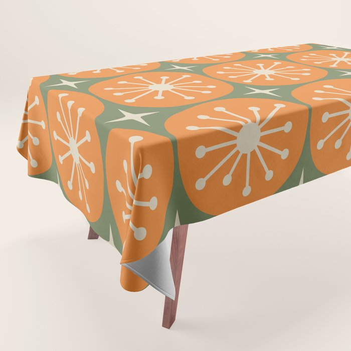Mid Century Modern Atomic Dots and Stars Retro Pattern in Mossy Sage Olive Green Orange Beige Tablecloth Gallery Image 1