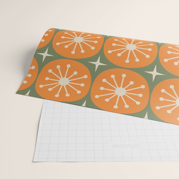 Mid Century Modern Atomic Dots and Stars Retro Pattern in Mossy Sage Olive Green Orange Beige Wrapping Paper Gallery Image 2