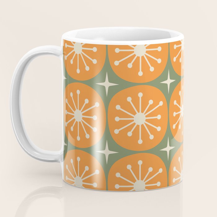 Mid Century Modern Atomic Dots and Stars Retro Pattern in Mossy Sage Olive Green Orange Beige Coffee Mug Gallery Image 3