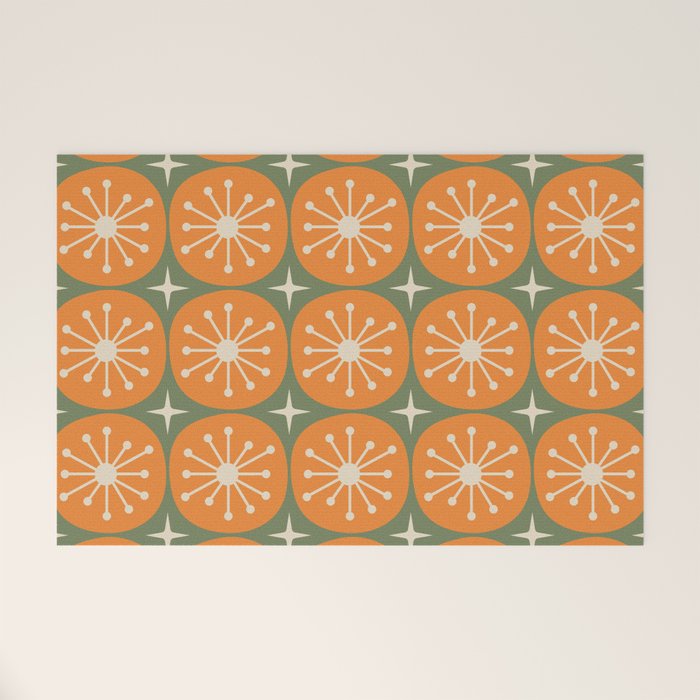Mid Century Modern Atomic Dots and Stars Retro Pattern in Mossy Sage Olive Green Orange Beige Welcome Mat Gallery Image 1