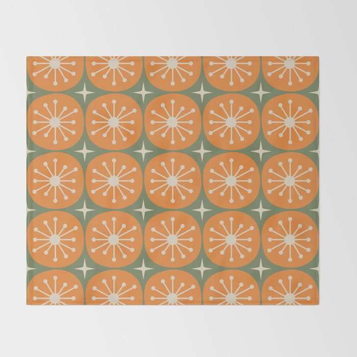 Mid Century Modern Atomic Dots and Stars Retro Pattern in Mossy Sage Olive Green Orange Beige Throw Blanket Gallery Image 2