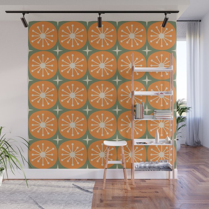 Mid Century Modern Atomic Dots and Stars Retro Pattern in Mossy Sage Olive Green Orange Beige Wall Mural Gallery Image 1