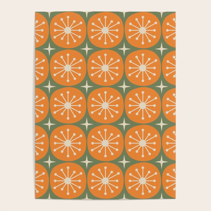 Mid Century Modern Atomic Dots and Stars Retro Pattern in Mossy Sage Olive Green Orange Beige Poster Gallery Image 4