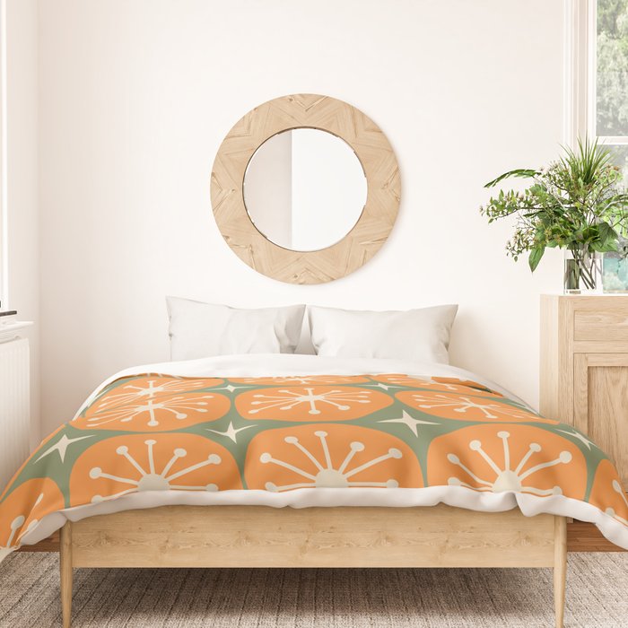 Mid Century Modern Atomic Dots and Stars Retro Pattern in Mossy Sage Olive Green Orange Beige Duvet Cover Gallery Image 3