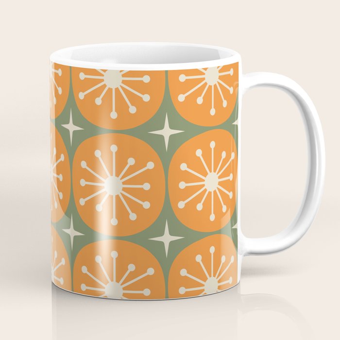 Mid Century Modern Atomic Dots and Stars Retro Pattern in Mossy Sage Olive Green Orange Beige Coffee Mug Gallery Image 1