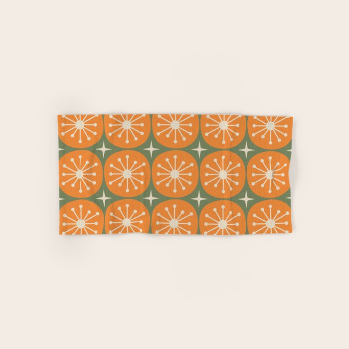 Mid Century Modern Atomic Dots and Stars Retro Pattern in Mossy Sage Olive Green Orange Beige Bath Towel Gallery Image 1