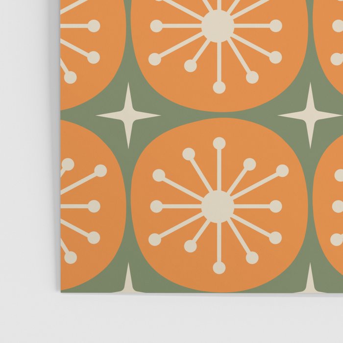 Mid Century Modern Atomic Dots and Stars Retro Pattern in Mossy Sage Olive Green Orange Beige Poster Gallery Image 3