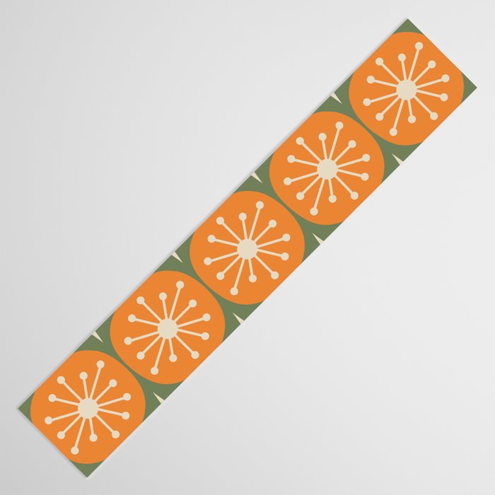 Mid Century Modern Atomic Dots and Stars Retro Pattern in Mossy Sage Olive Green Orange Beige Table Runner Gallery Image 3