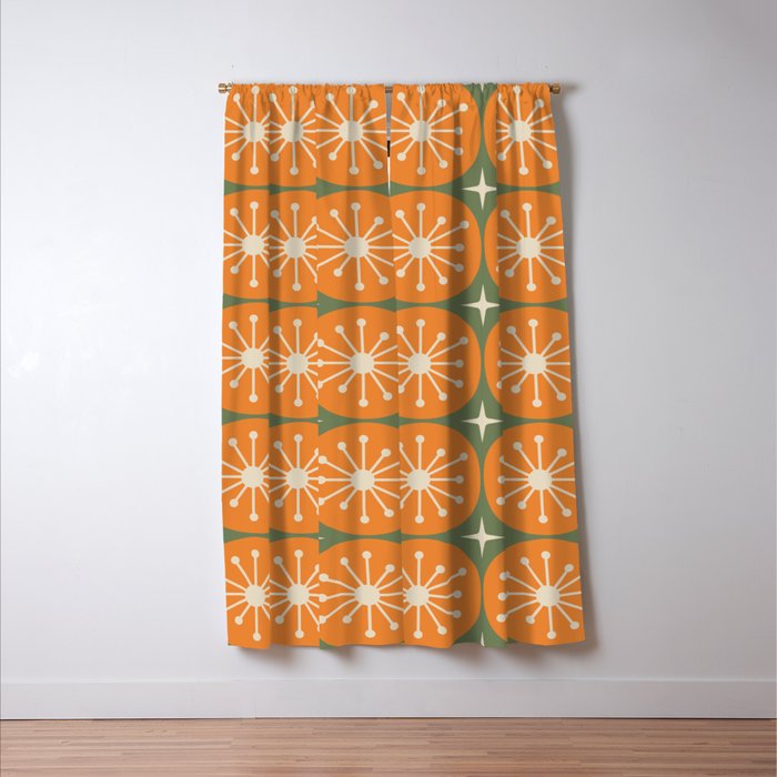 Mid Century Modern Atomic Dots and Stars Retro Pattern in Mossy Sage Olive Green Orange Beige Window Curtain Gallery Image 3