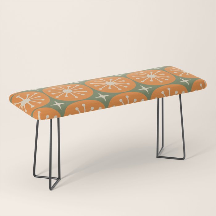 Mid Century Modern Atomic Dots and Stars Retro Pattern in Mossy Sage Olive Green Orange Beige Bench Gallery Image 1